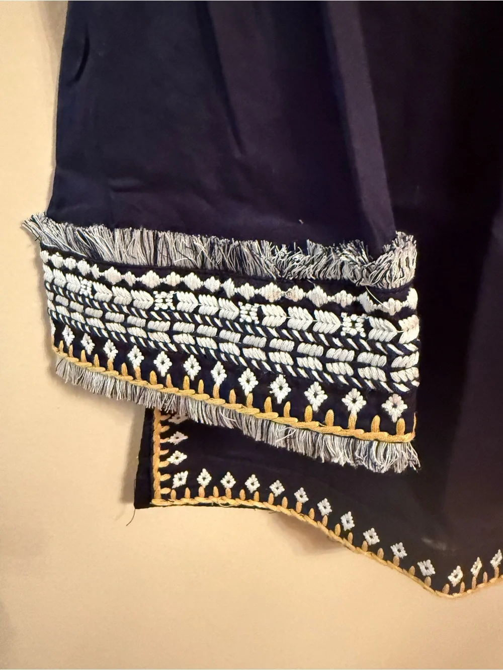 Tory Burch Navy Tunic Top with White Embroidery and Gold Trim